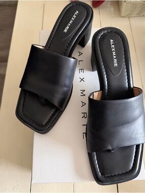 Alex Marie Black Square-Toe Block Heel Slide Mules